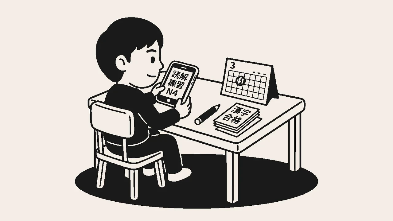 Duotone illustration of a learner studying Japanese for the JLPT at a desk.
